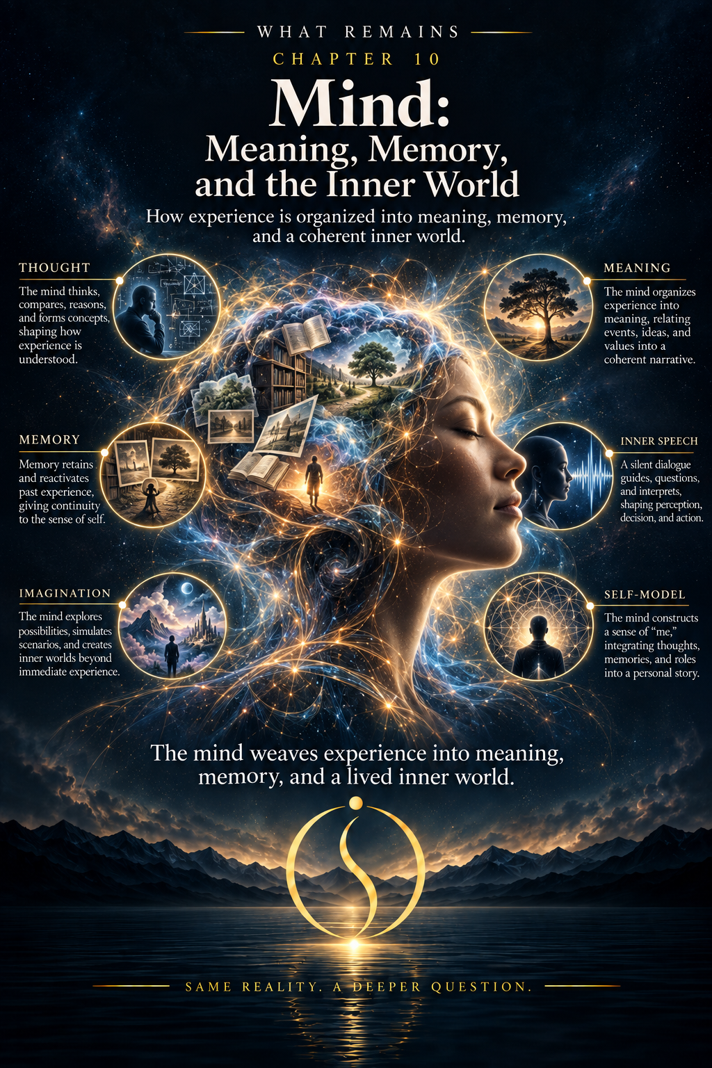 Layered mind map connecting empirical awareness with attention, interpretation, meaning, concepts, language, memory, imagination, desire, narrative identity, and self-modeling.