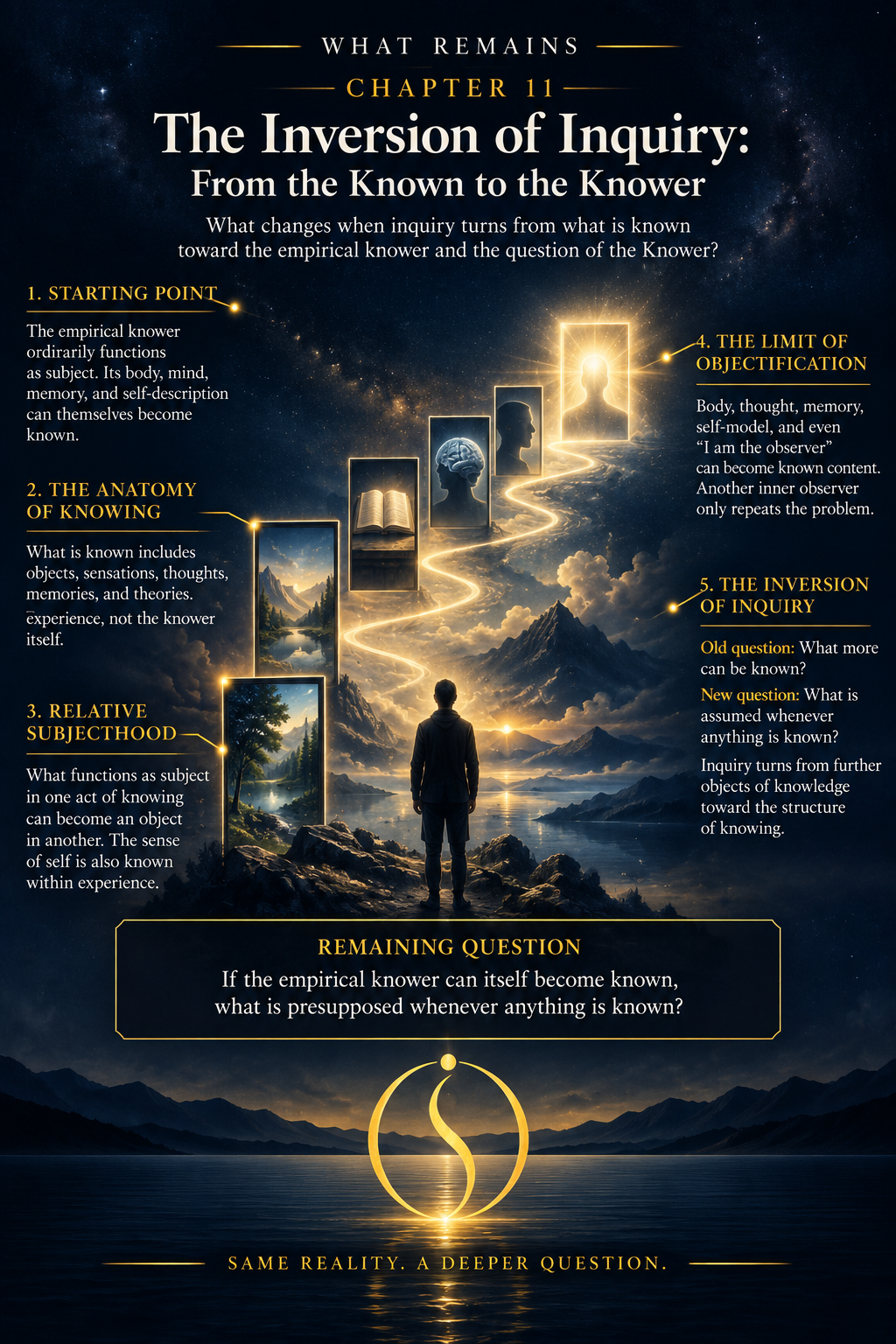 Pathway from the known world through body, mind, memory, and the empirical knower toward the inversion of inquiry from what is known to the one who knows.