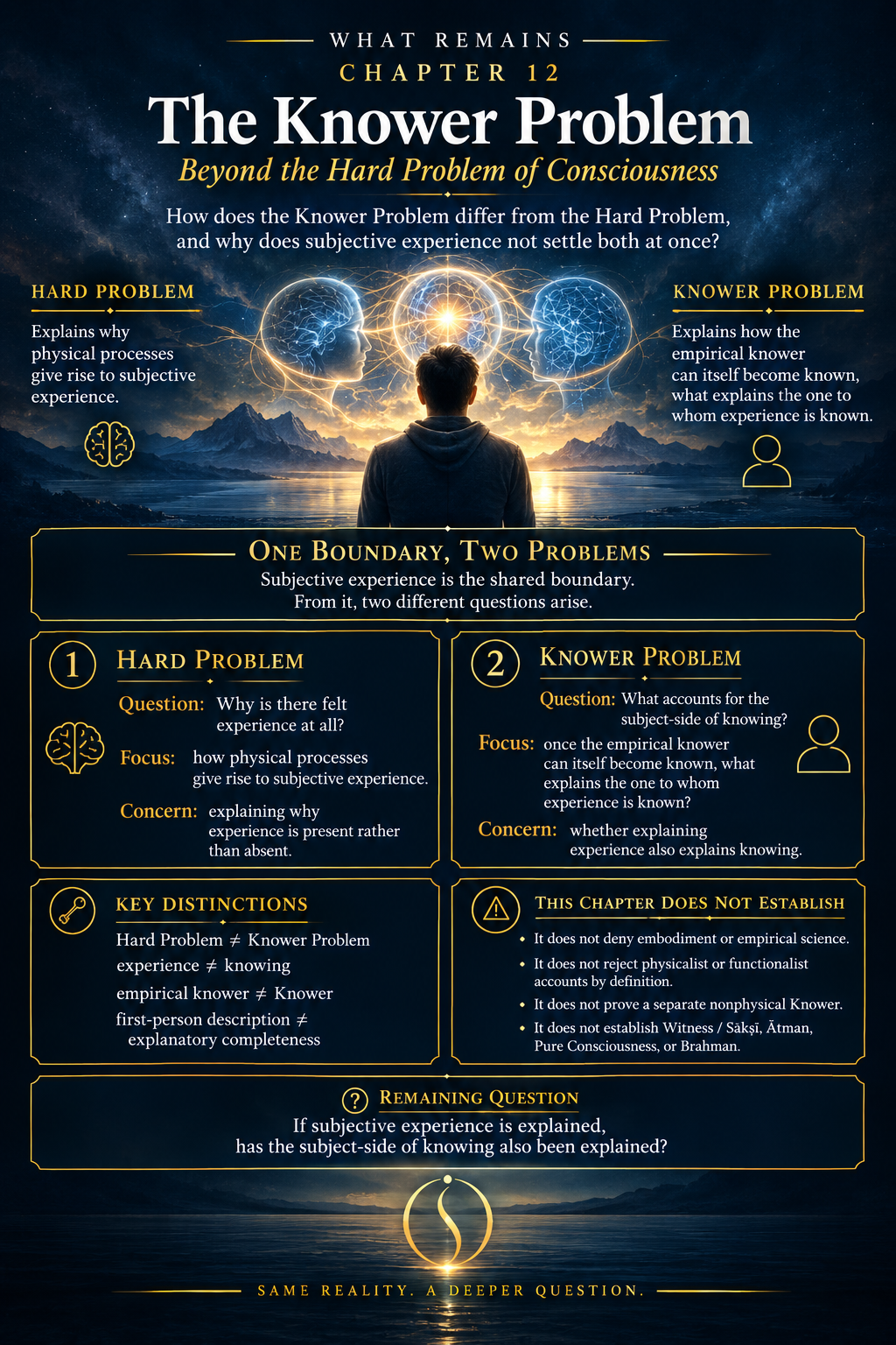 Side-by-side comparison of the Hard Problem and the Knower Problem, with a central boundary separating questions about subjective experience from questions about the subject of knowing.