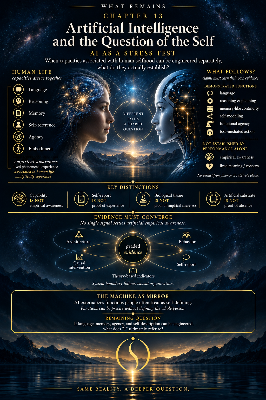 Human-and-AI comparison organizing demonstrated capabilities, language, memory, agency, grounding, embodiment, self-report, and evidence requirements for artificial empirical awareness.