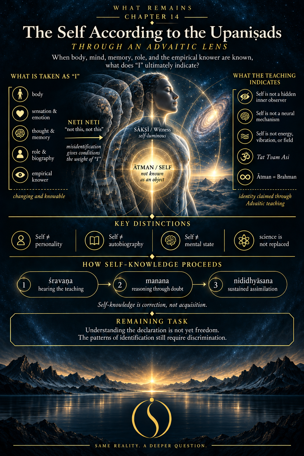 Advaitic teaching map moving through seer–seen discrimination, neti neti, Sākṣī, Ātman, self-luminosity, Tat Tvam Asi, and Self-knowledge.
