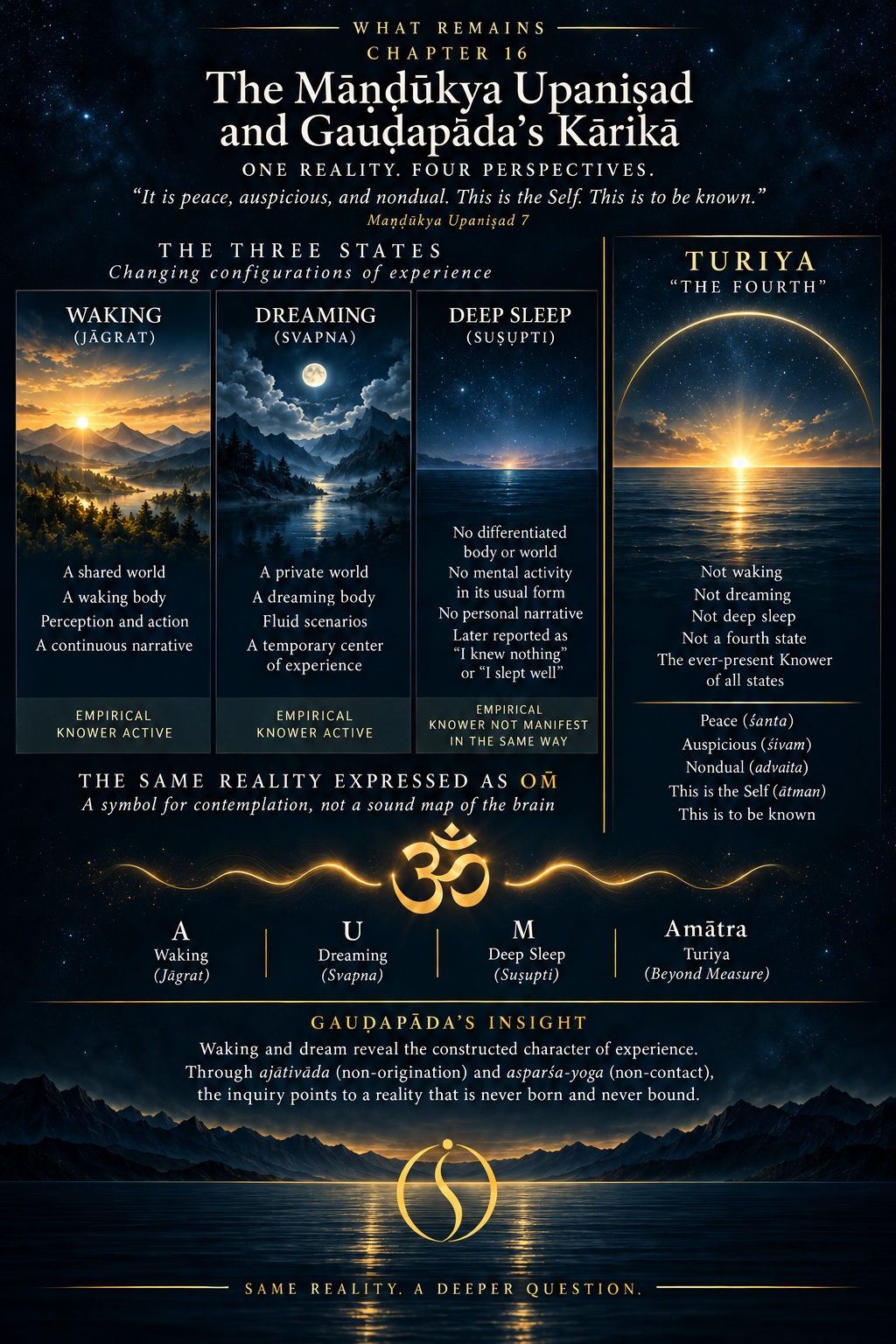 State-analysis diagram comparing waking, dream, and deep sleep with Turīya, Oṃ, and Gauḍapāda’s nondual extension through the waking–dream analogy, ajātivāda, and asparśa-yoga.