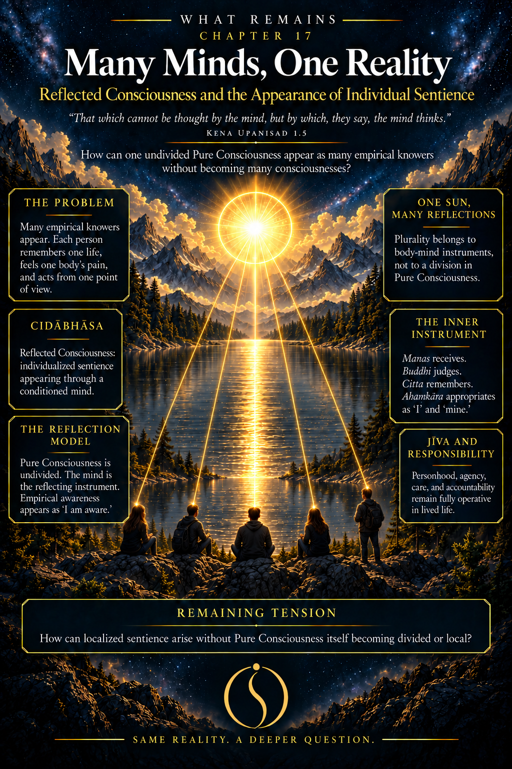 One-sun-many-reflections teaching image relating Pure Consciousness, conditioned minds, cidābhāsa, empirical knowers, privacy, jīva, and responsibility.