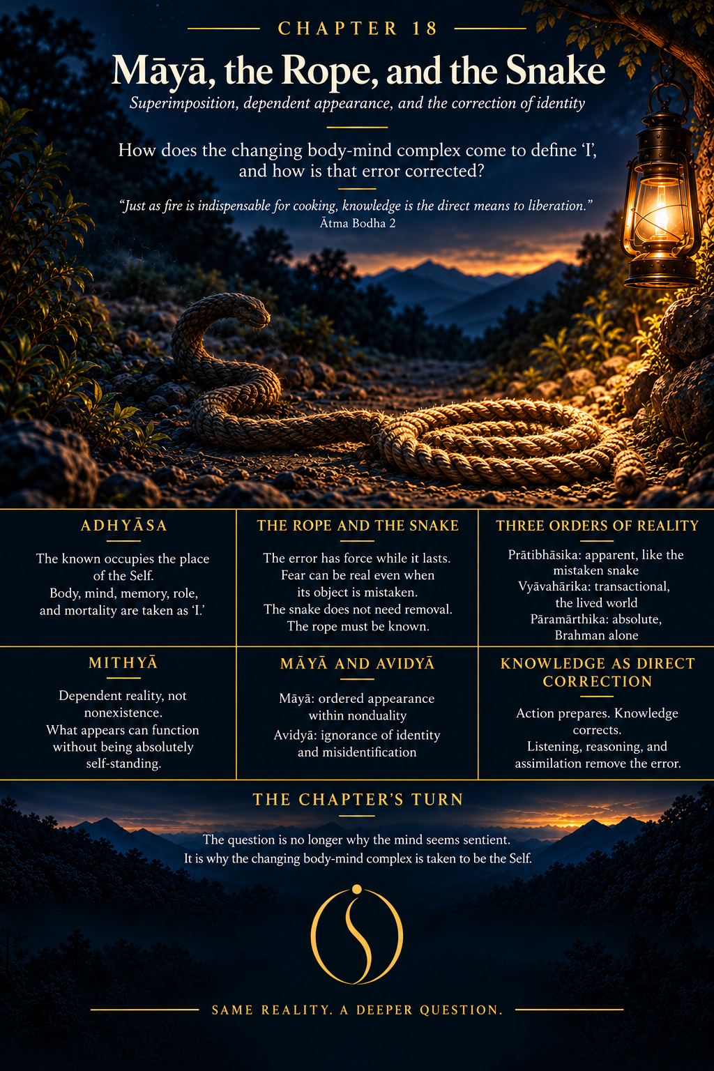 Rope-and-snake teaching image connecting adhyāsa, avidyā, māyā, mithyā, three orders of reality, misidentification, and correction through knowledge.