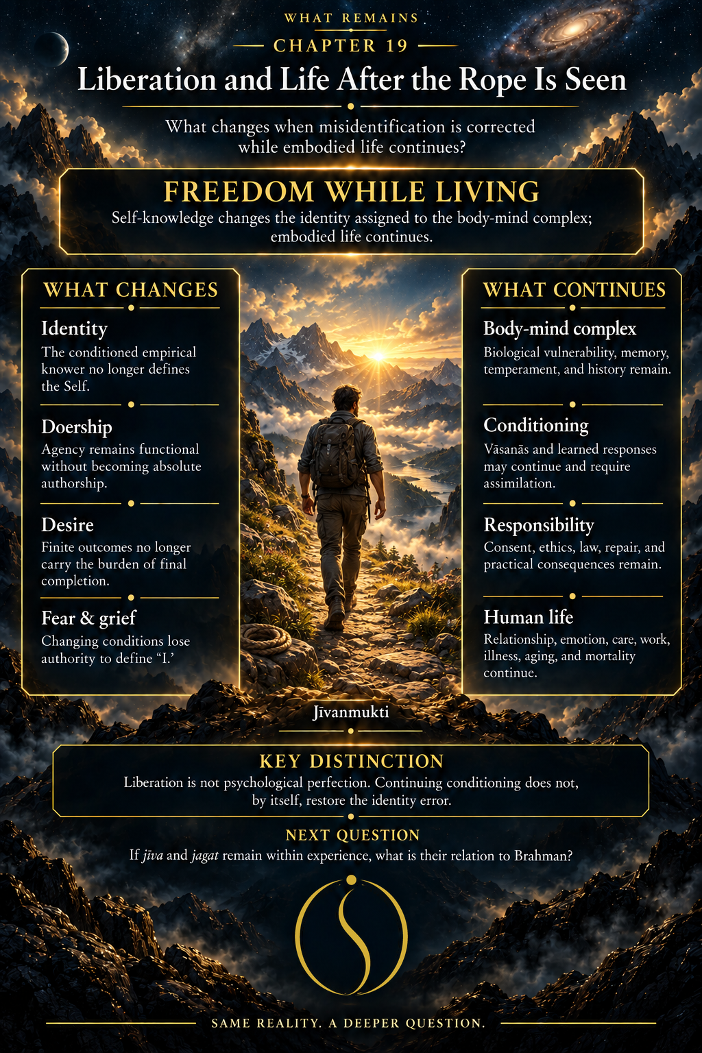 Freedom-while-living map contrasting what changes through Self-knowledge with what continues in the conditioned body-mind, relationships, action, emotion, and empirical world.