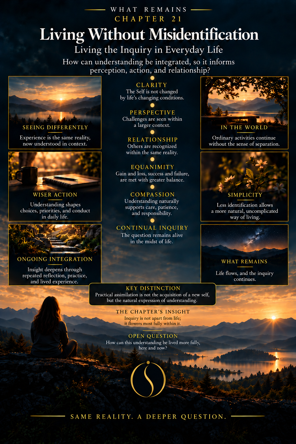 Practical-life map organized around fear, suffering, mental health, relationships, work, mortality, responsibility, discrimination, response, assimilation, attention, and compassion.