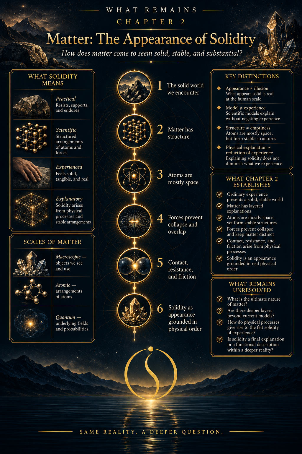 Matter and solidity mapped from macroscopic resistance through atomic structure, quantum description, electromagnetic interaction, contact, friction, and emergent material behavior.