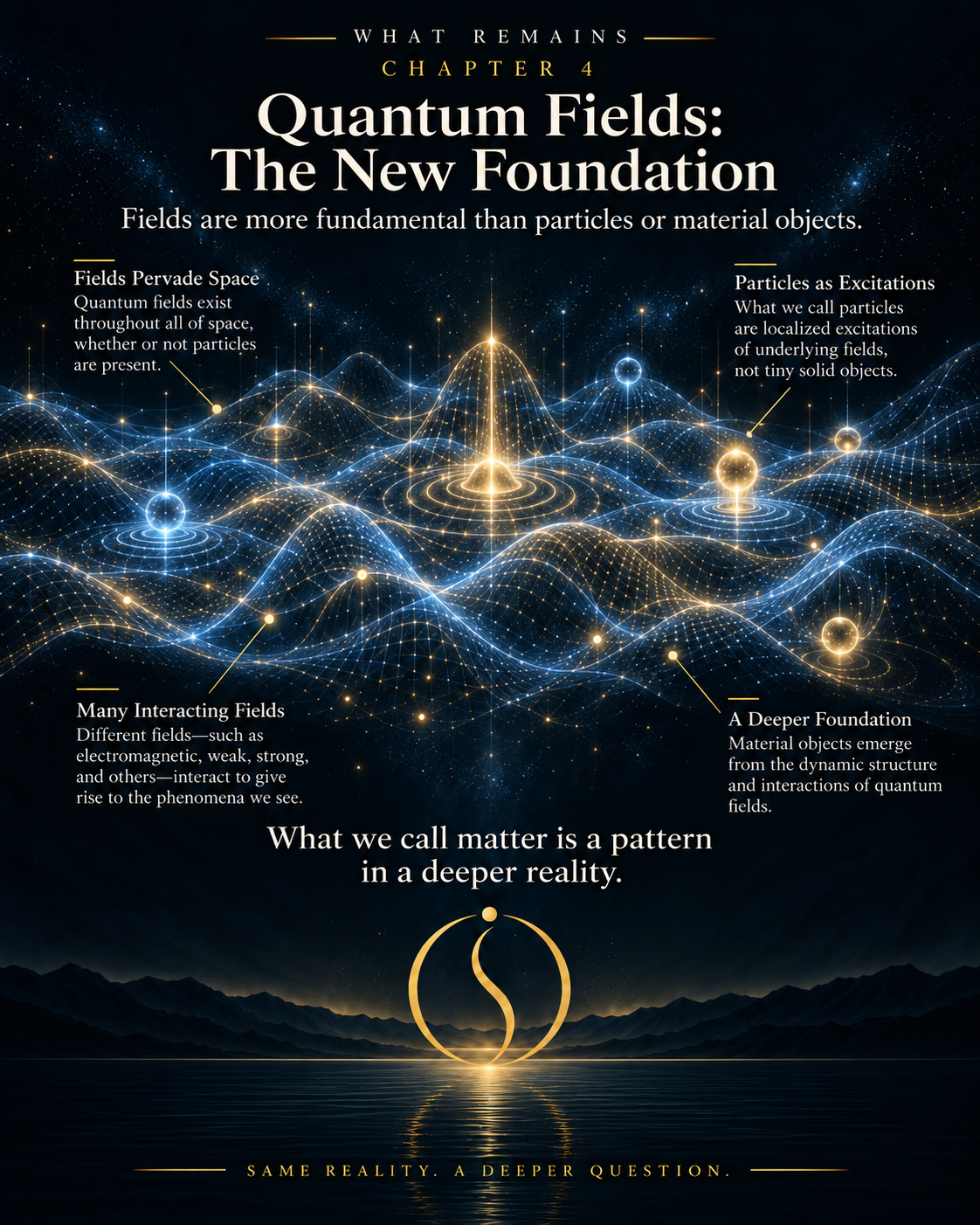 Quantum-field framework showing the vacuum state, particle excitations, interactions, symmetry, Standard Model fields, and the emergence of stable physical patterns.