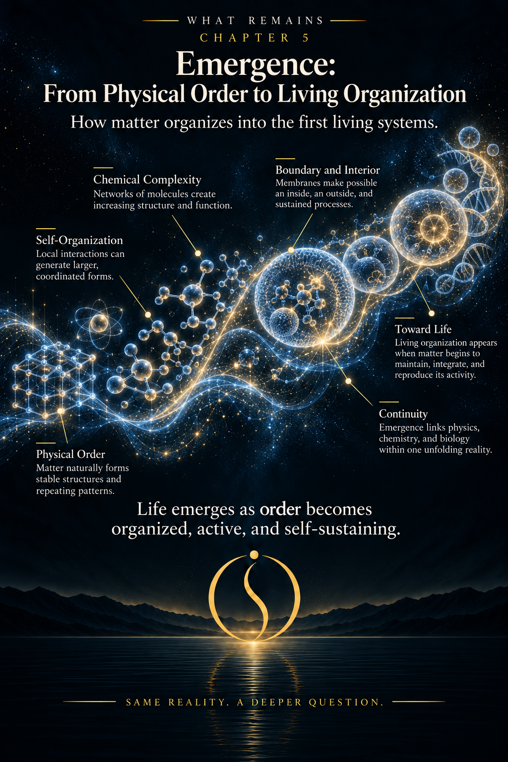 Layered transition from physical components through organization, constraints, energy flow, collective behavior, feedback, and self-organization toward living organization.
