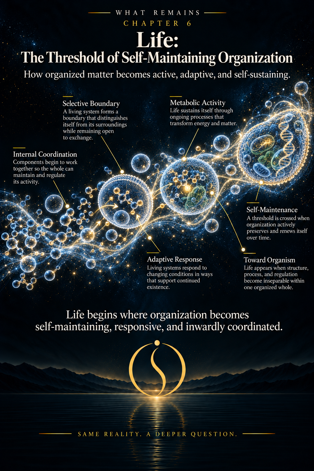 Cell-centered map of selective boundary, metabolism, regulation, repair, biological information, reproduction, heredity, evolution, and self-maintenance.