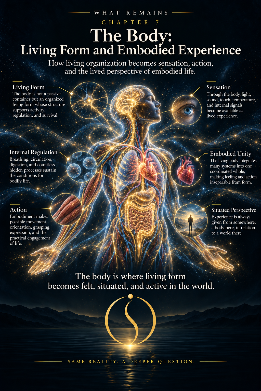 Human-body map relating biological maintenance to interoception, proprioception, movement, ownership, agency, pain, development, illness, aging, and lived embodiment.