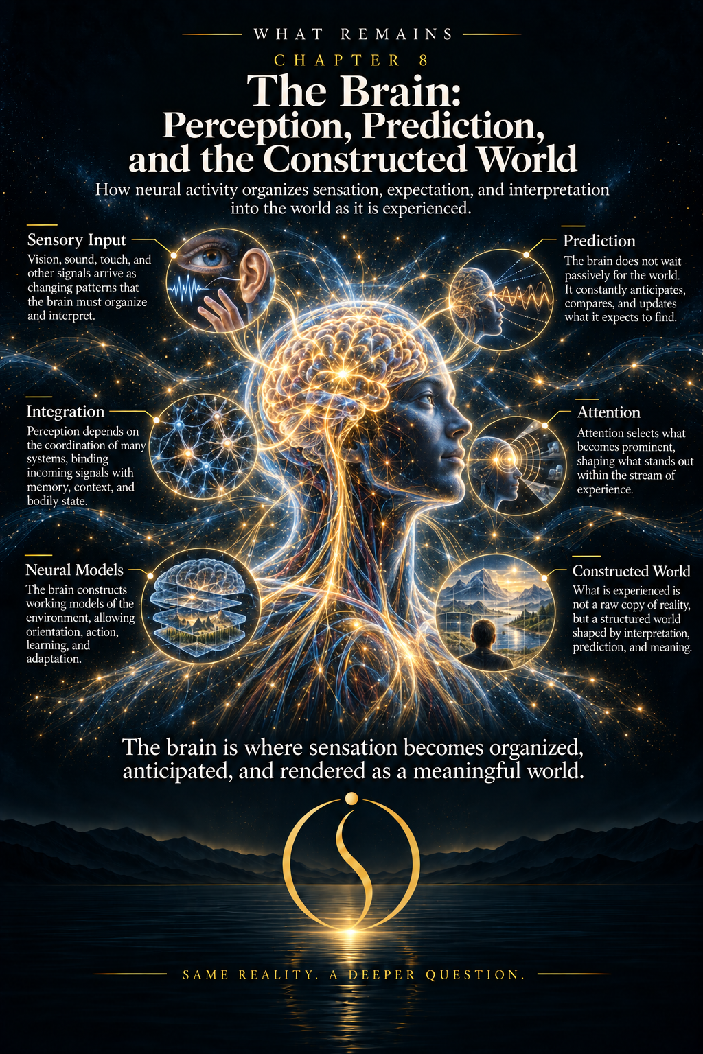 Brain-and-body perception map tracing sensory signals through transduction, recurrent processing, prediction, multisensory integration, attention, correction, and a stable modeled world.