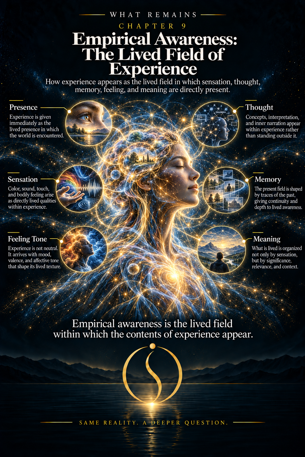 Central field of lived experience surrounded by changing states, first-person and third-person evidence, report, qualitative character, neural dependence, and the Hard Problem.
