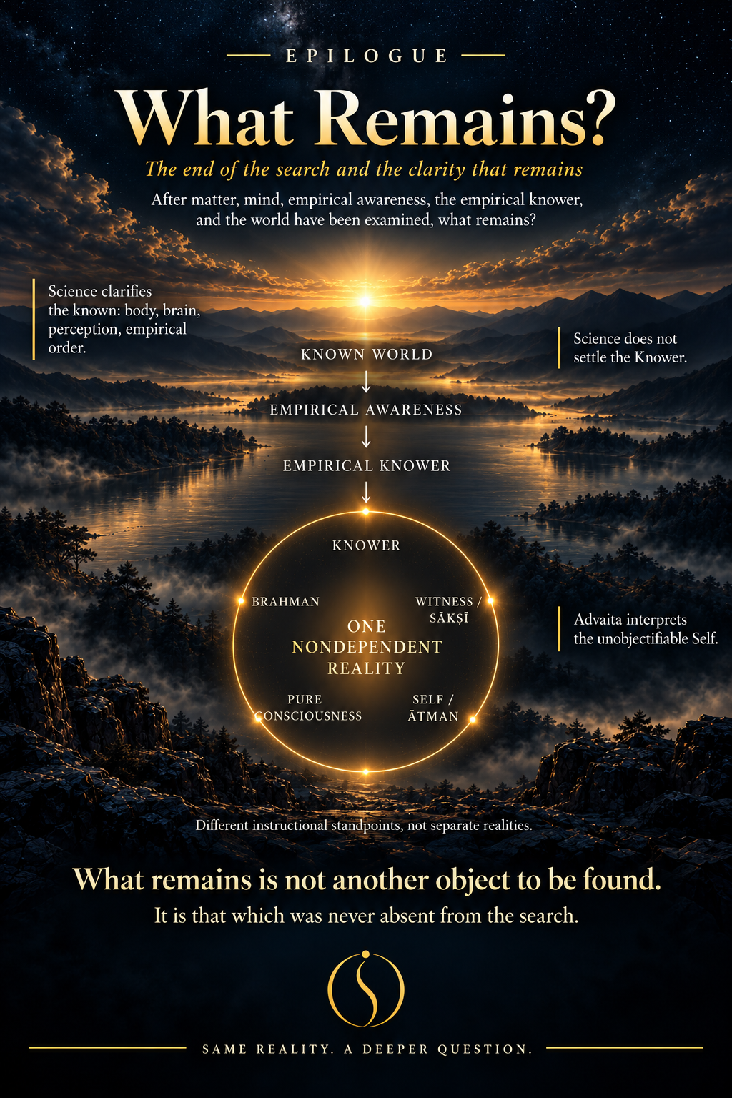 Final inquiry map gathering science, the known world, empirical awareness, the empirical knower, the Knower, and the nondual resolution that what remains is not another object.