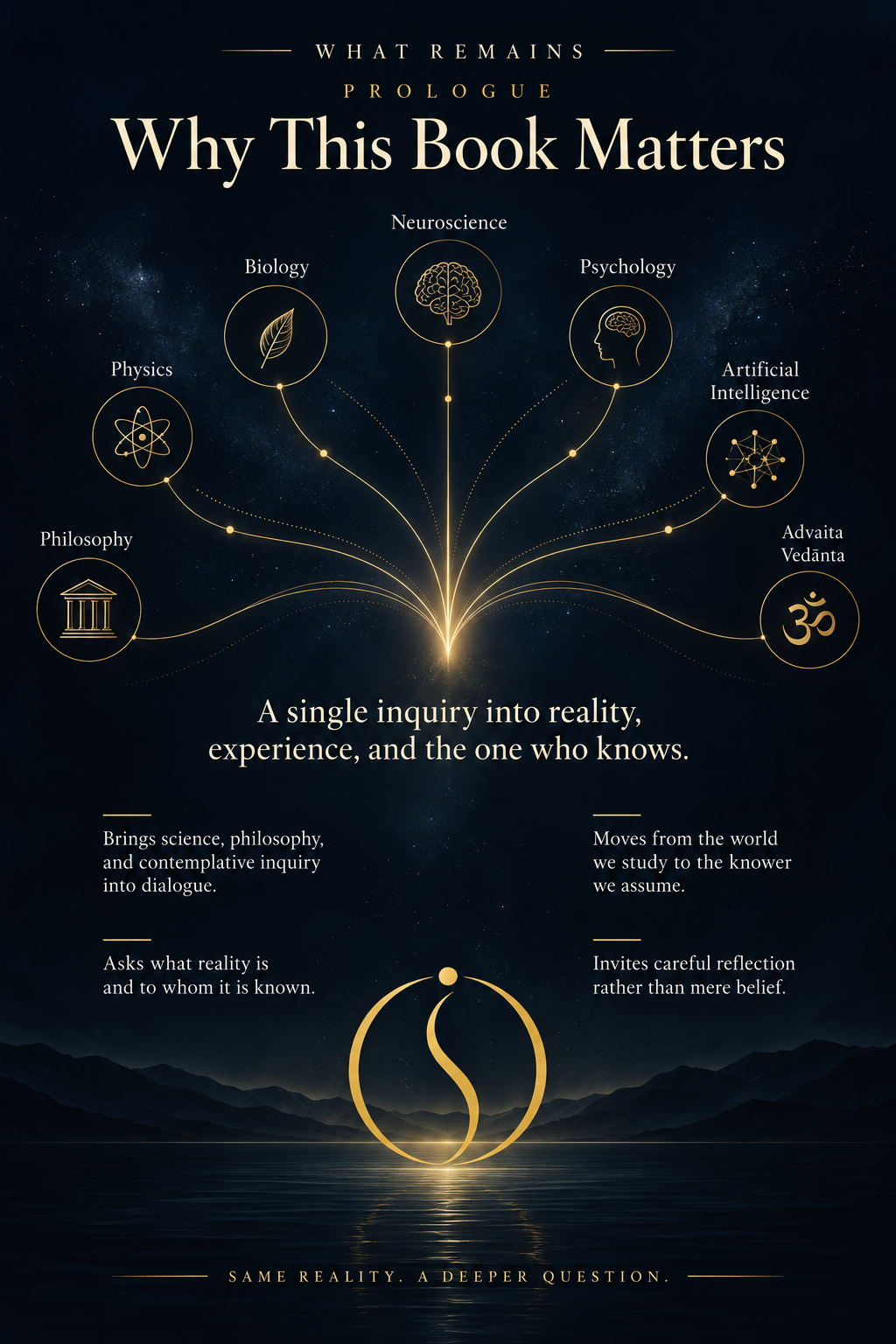 Inquiry map moving from physics, biology, brain, psychology, and artificial intelligence toward empirical awareness, the empirical knower, the Witness, Ātman, Pure Consciousness, and Brahman.